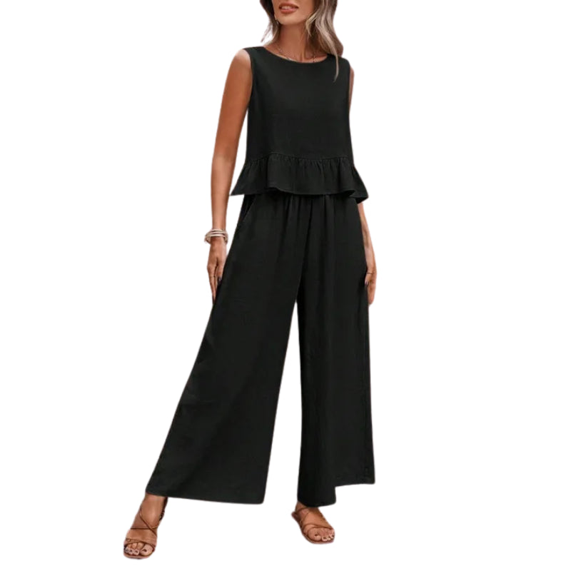 Ysoldelise | Ruffle Hem Tank & Wide Leg Pants Two-Piece Set