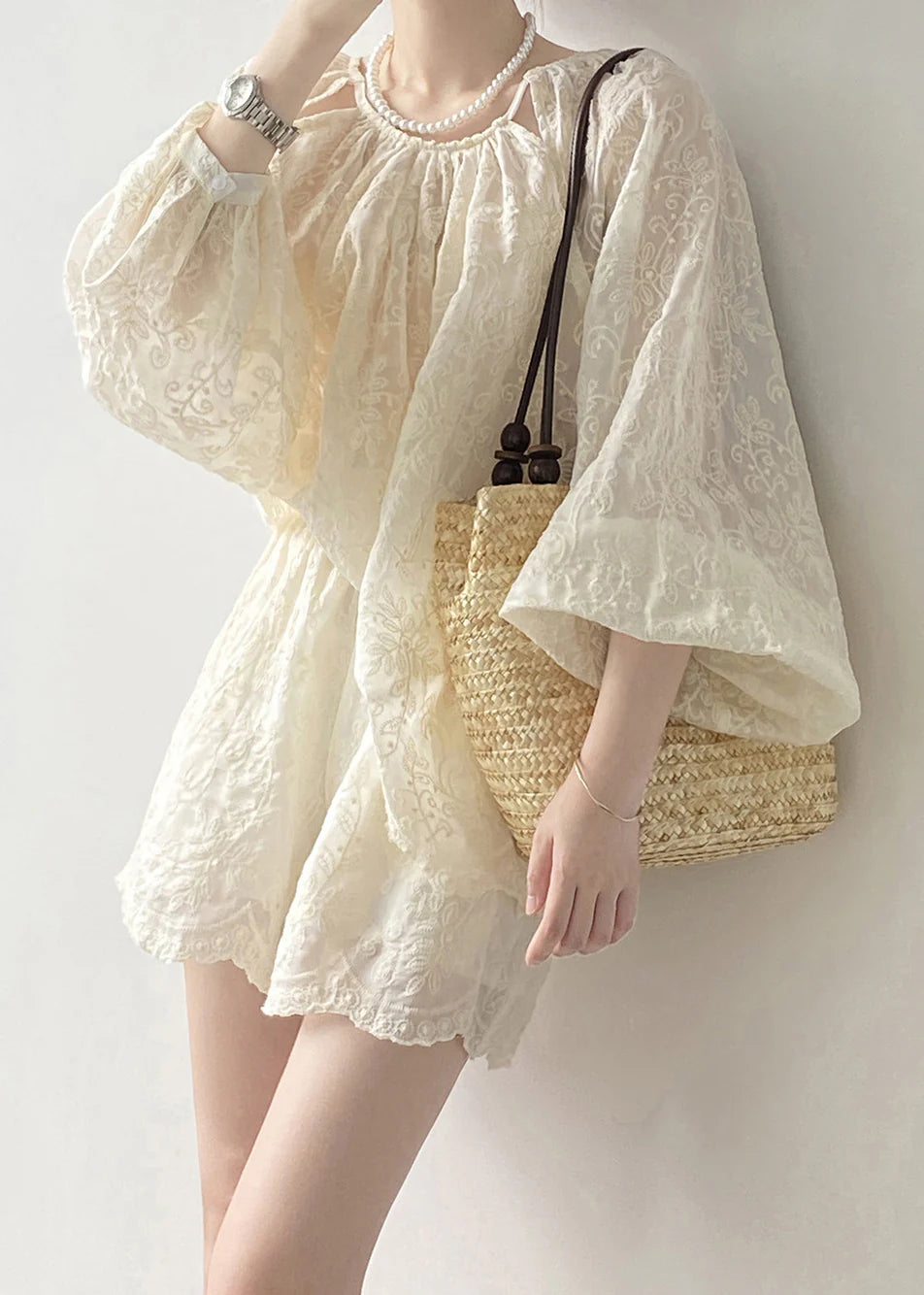 Ysoldeolde | Embroidered Cotton Blouse & Shorts Two-Piece Set