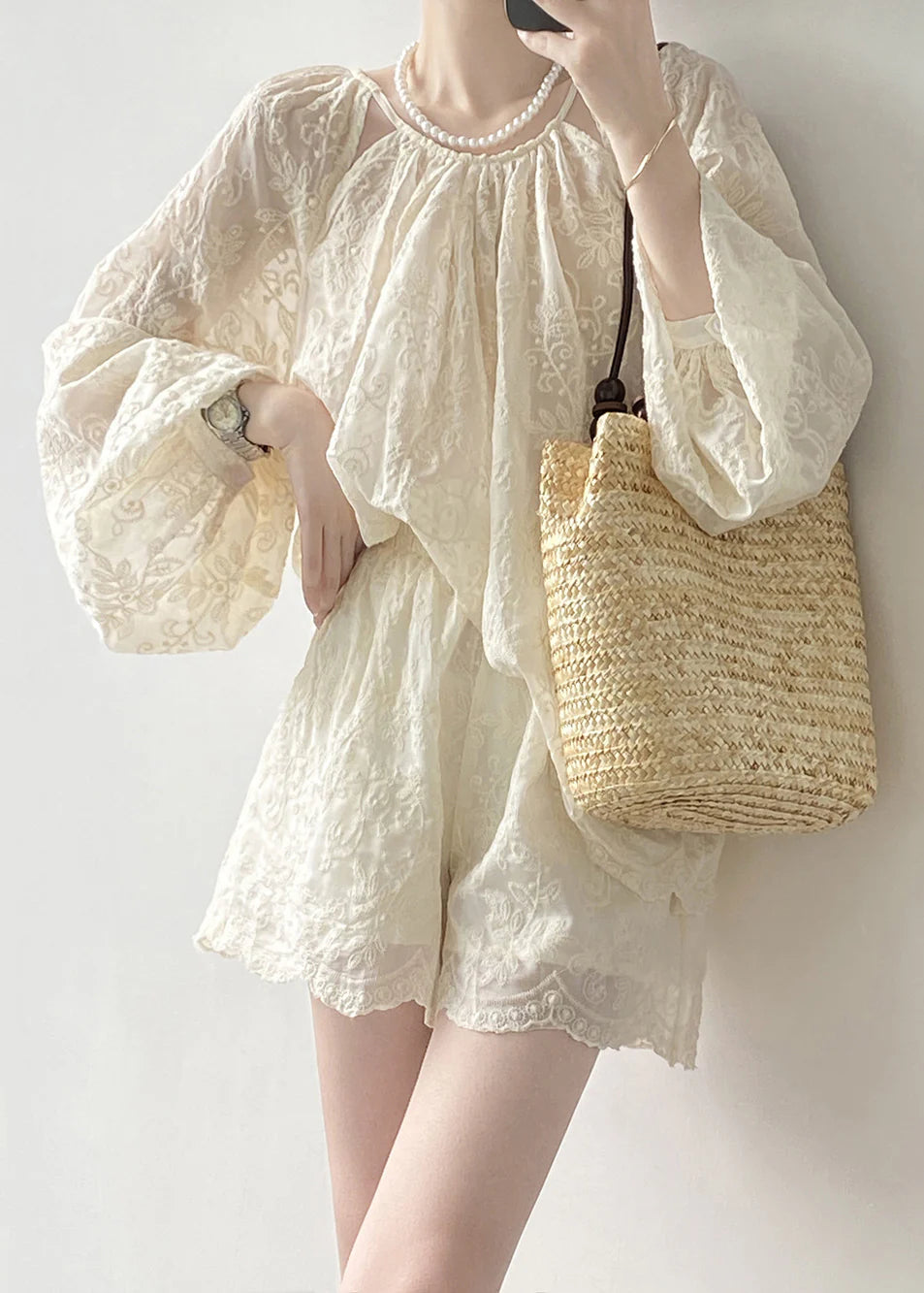 Ysoldeolde | Embroidered Cotton Blouse & Shorts Two-Piece Set