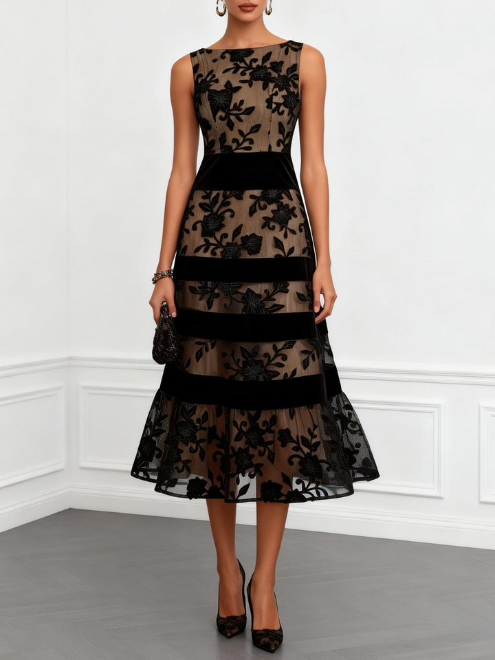 Ysoldeora | Floral Appliqué Mesh Sleeveless A-Line Midi Dress
