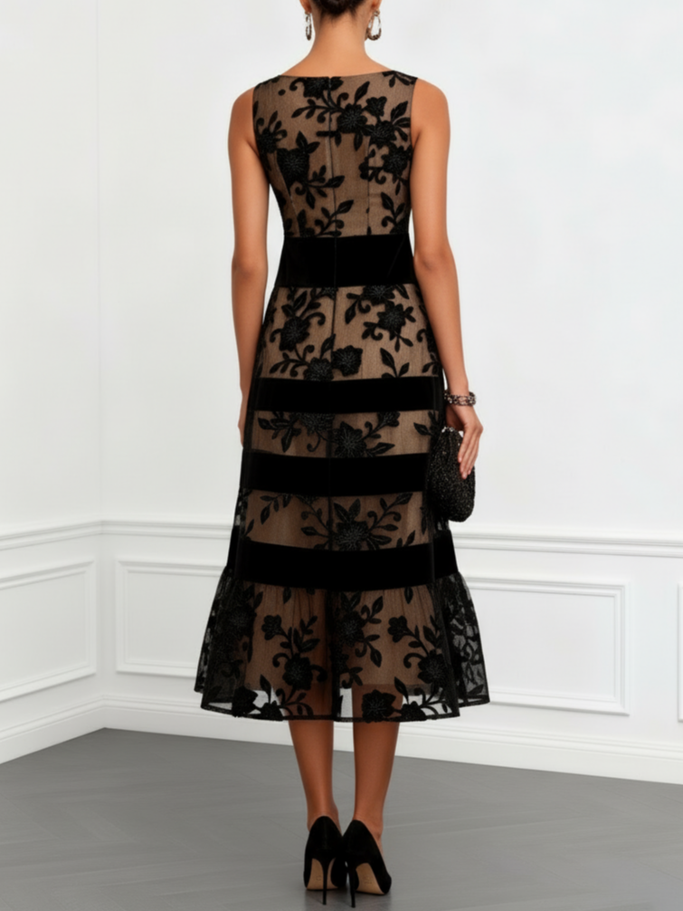 Ysoldeora | Floral Appliqué Mesh Sleeveless A-Line Midi Dress