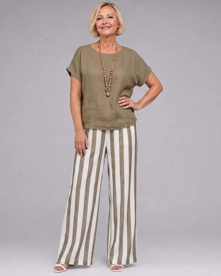 Ysoldestine | Short Sleeve Top & Striped Wide Leg Pants Set