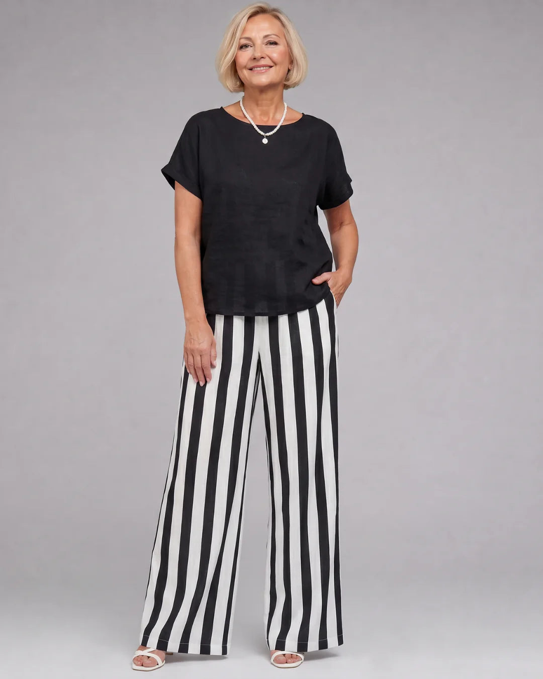 Ysoldestine | Short Sleeve Top & Striped Wide Leg Pants Set