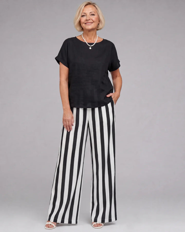 Ysoldestine | Short Sleeve Top & Striped Wide Leg Pants Set