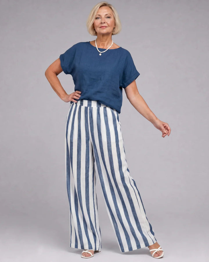 Ysoldestine | Short Sleeve Top & Striped Wide Leg Pants Set