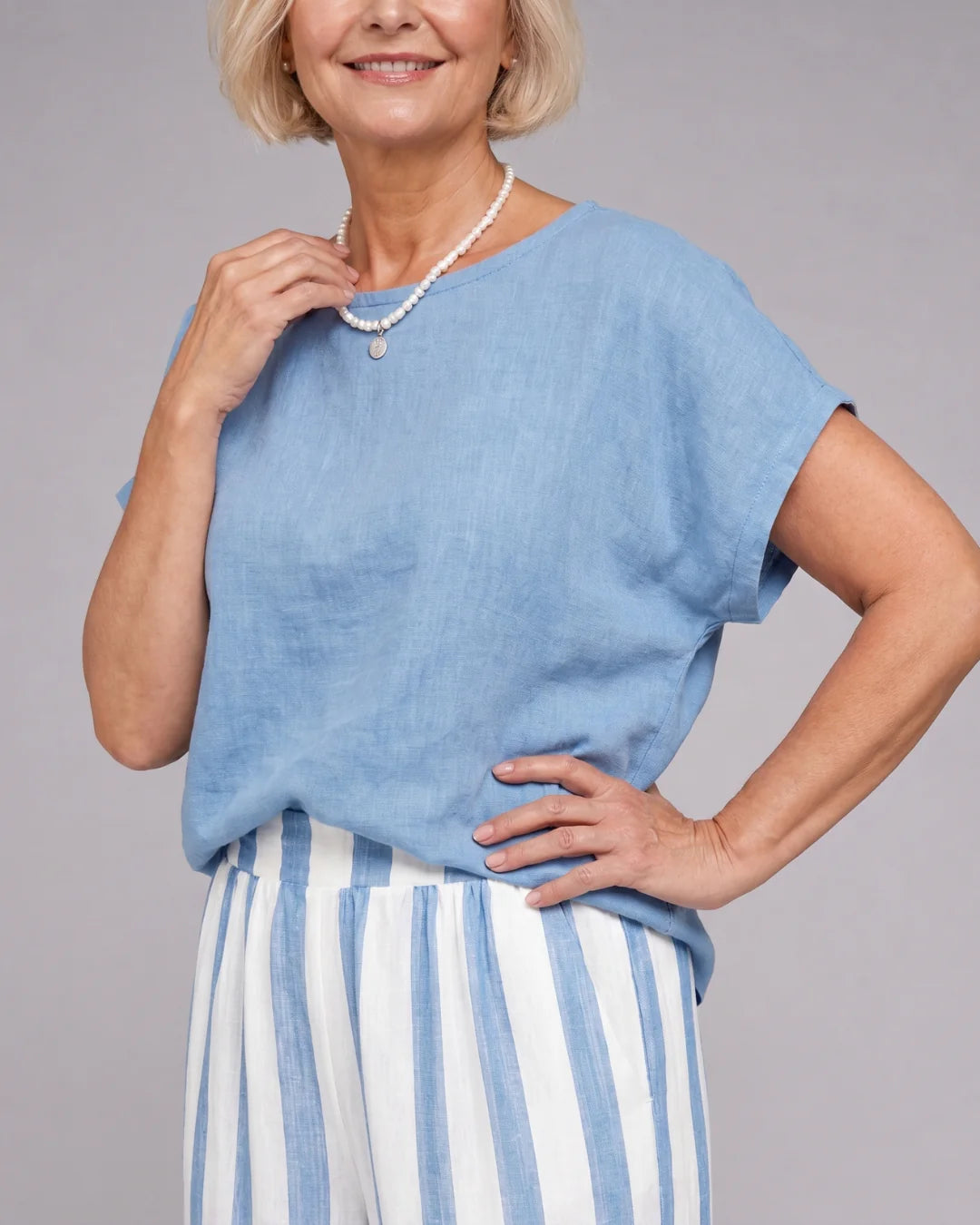 Ysoldestine | Short Sleeve Top & Striped Wide Leg Pants Set