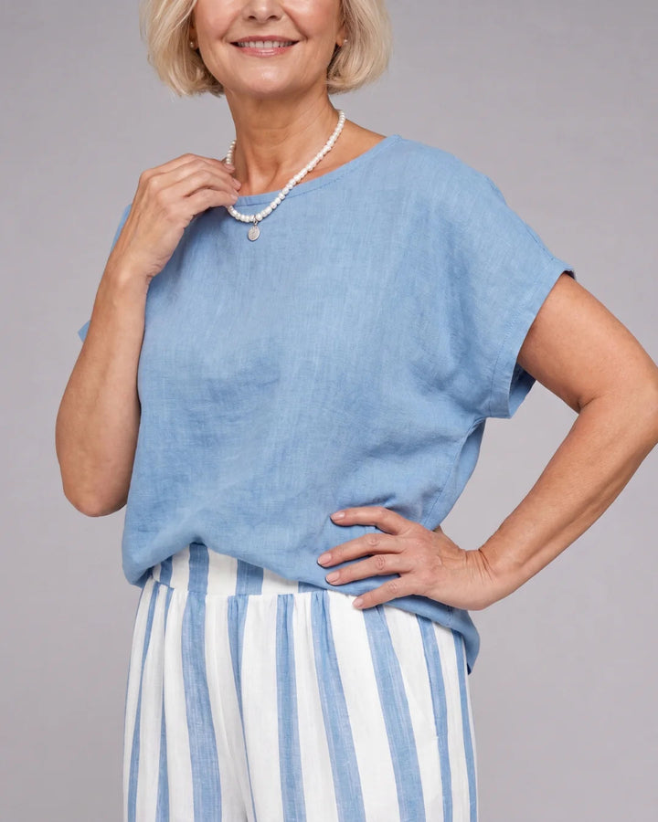 Ysoldestine | Short Sleeve Top & Striped Wide Leg Pants Set