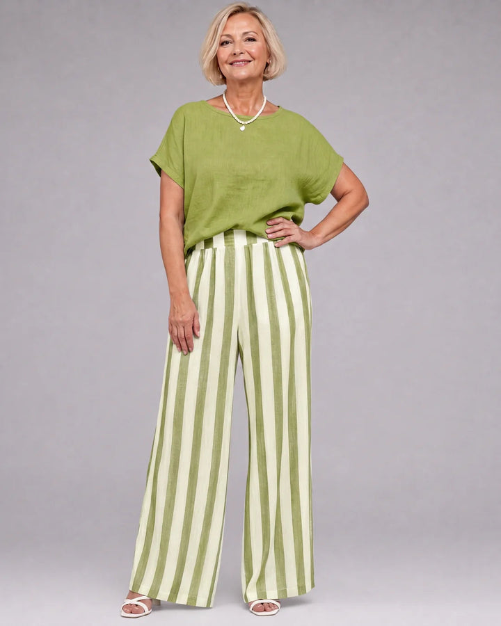 Ysoldestine | Short Sleeve Top & Striped Wide Leg Pants Set