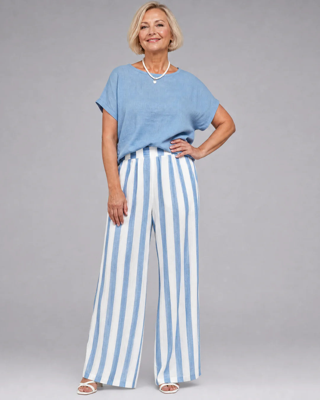 Ysoldestine | Short Sleeve Top & Striped Wide Leg Pants Set