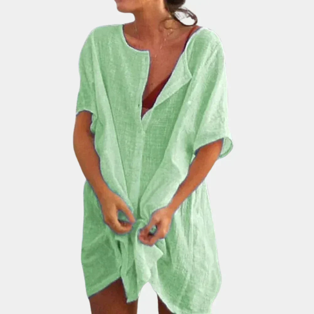 Zaraara | Women's Casual Stretch Linen- Beach Tunic Top — Green