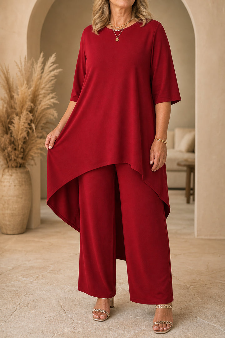 Zaranova | Asymmetric Hem Top & Wide Leg Pants Two-Piece Set