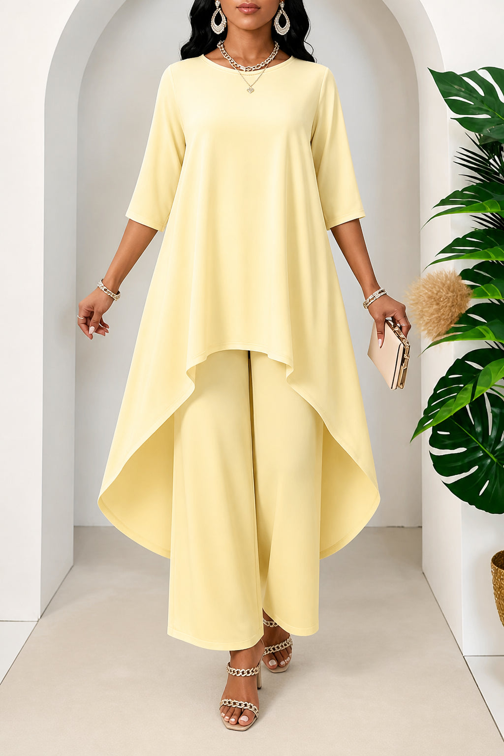 Zaranova | Asymmetric Hem Top & Wide Leg Pants Two-Piece Set
