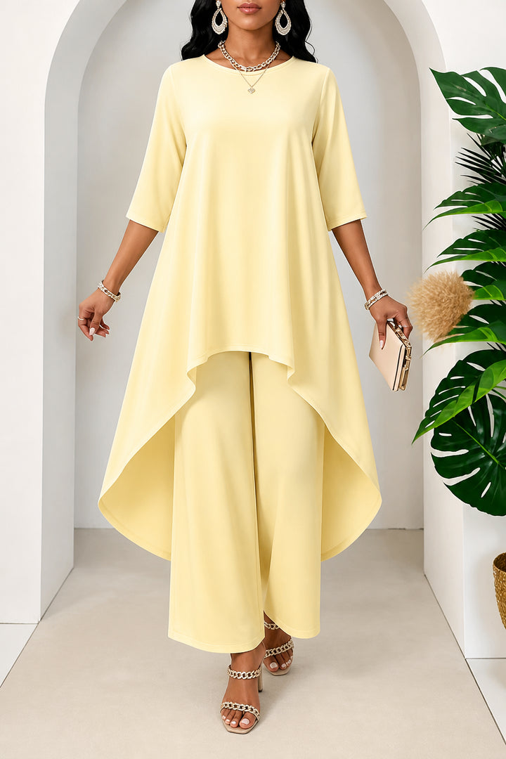 Zaranova | Asymmetric Hem Top & Wide Leg Pants Two-Piece Set