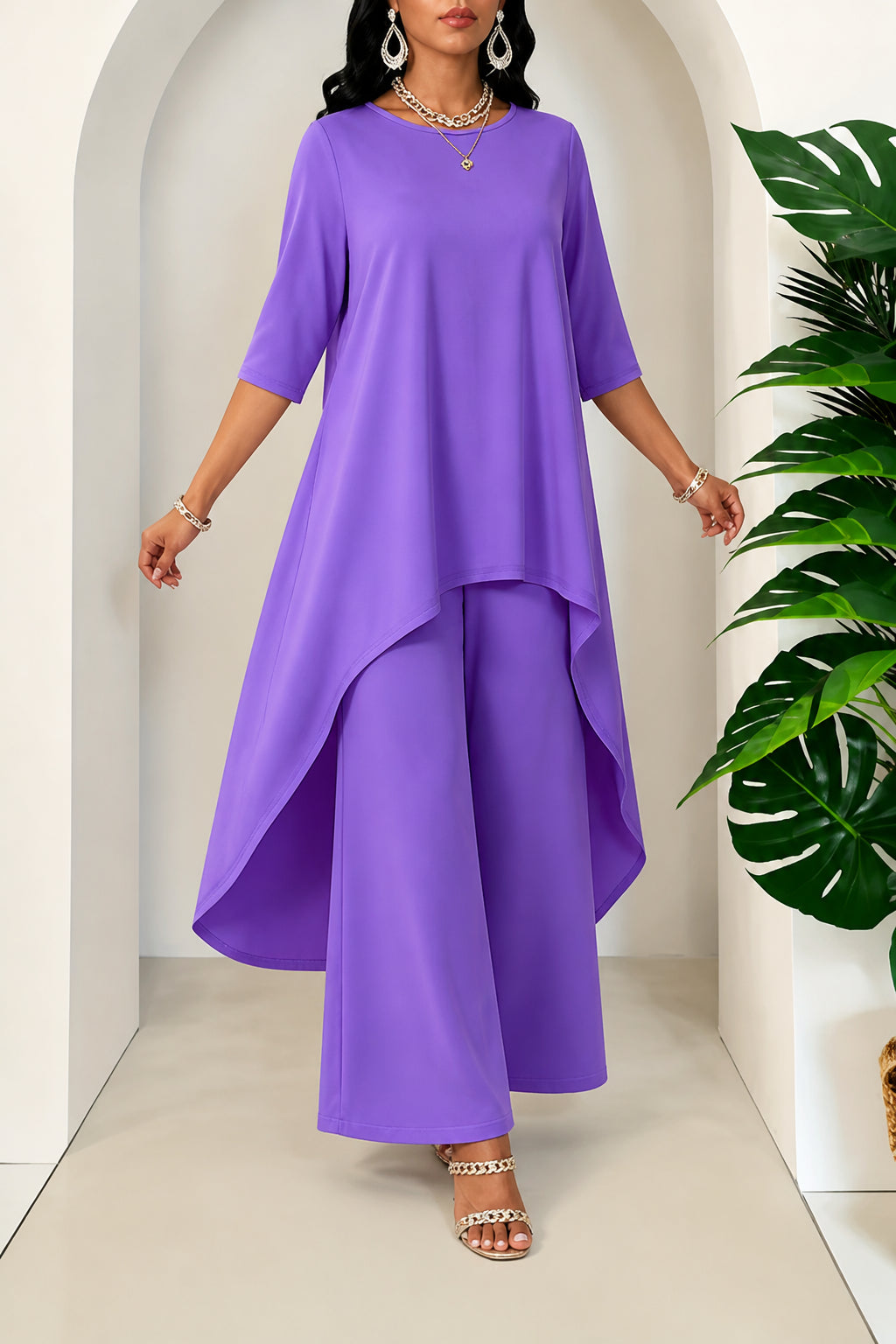 Zaranova | Asymmetric Hem Top & Wide Leg Pants Two-Piece Set