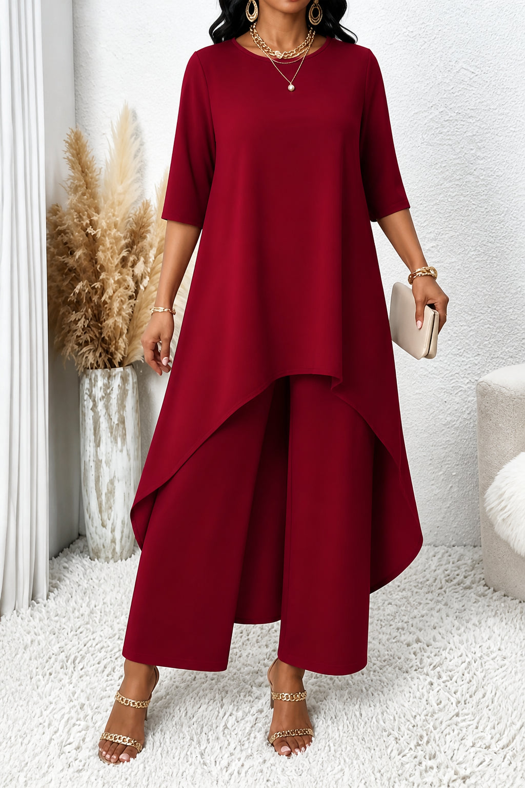 Zaranova | Asymmetric Hem Top & Wide Leg Pants Two-Piece Set