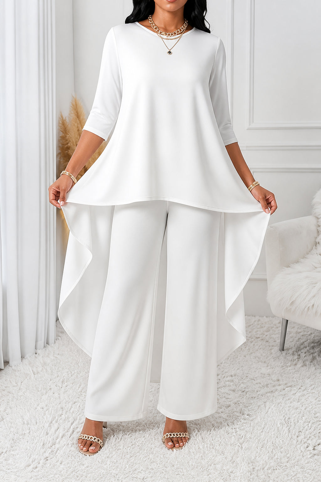 Zaranova | Asymmetric Hem Top & Wide Leg Pants Two-Piece Set