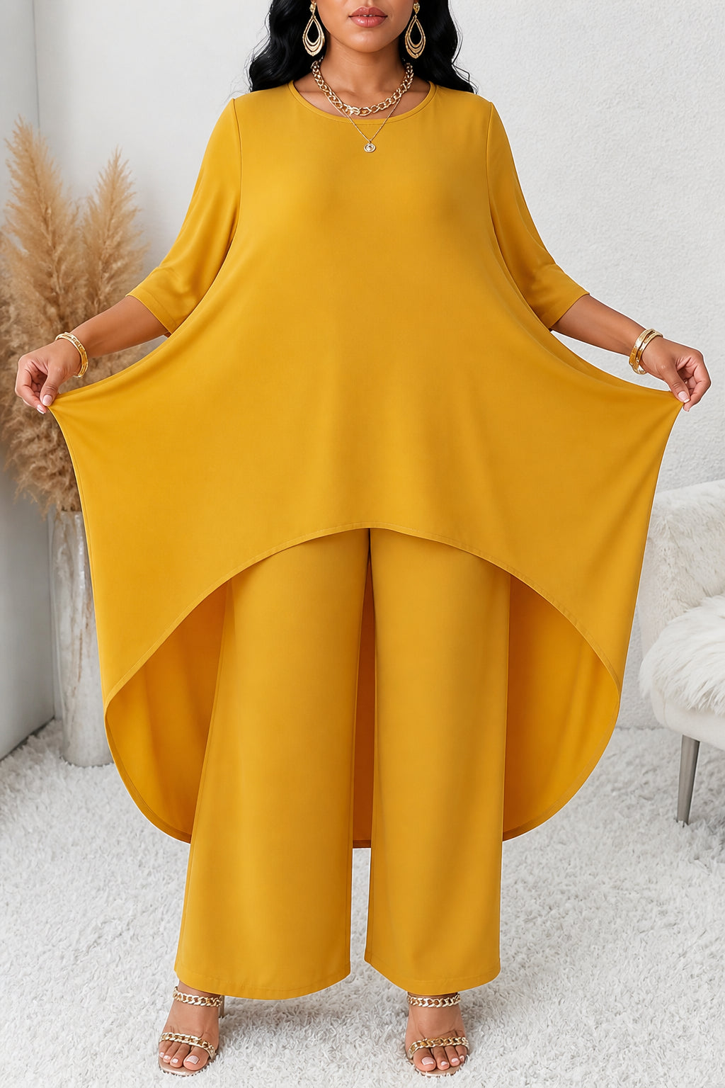 Zaranova | Asymmetric Hem Top & Wide Leg Pants Two-Piece Set