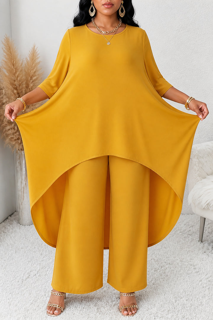 Zaranova | Asymmetric Hem Top & Wide Leg Pants Two-Piece Set