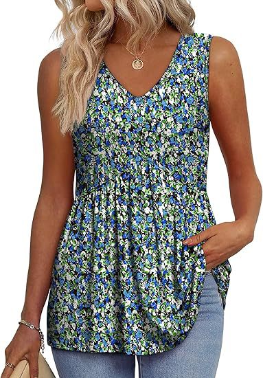 Zaraolde | Women's Relaxed Casual Sleeveless V-Neck Peplum Top — Blue Flowers
