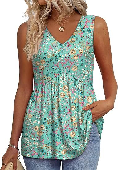 Zaraolde | Women's Relaxed Casual Sleeveless V-Neck Peplum Top — Green Flowers