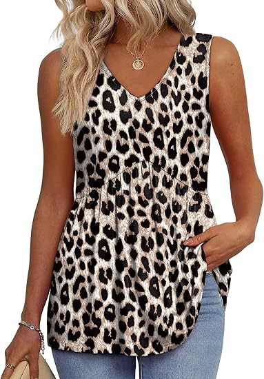 Zaraolde | Women's Relaxed Casual Sleeveless V-Neck Peplum Top — Leopard Print