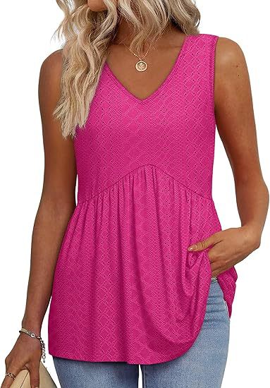 Zaraolde | Women's Relaxed Casual Sleeveless V-Neck Peplum Top — Pink Red