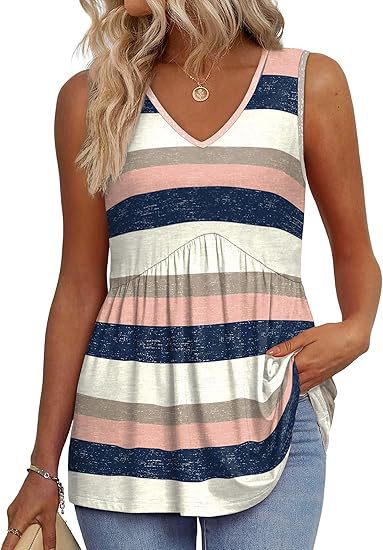 Zaraolde | Women's Relaxed Casual Sleeveless V-Neck Peplum Top — Pink Stripes