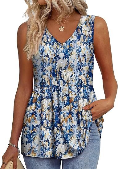 Zaraolde | Women's Relaxed Casual Sleeveless V-Neck Peplum Top — Yellow Blue Flowers