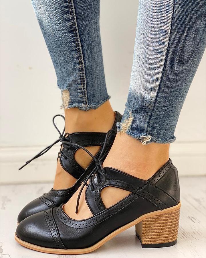 Zarathea | Women's Mary Jane Block Heel Lace-Up Shoes — Black