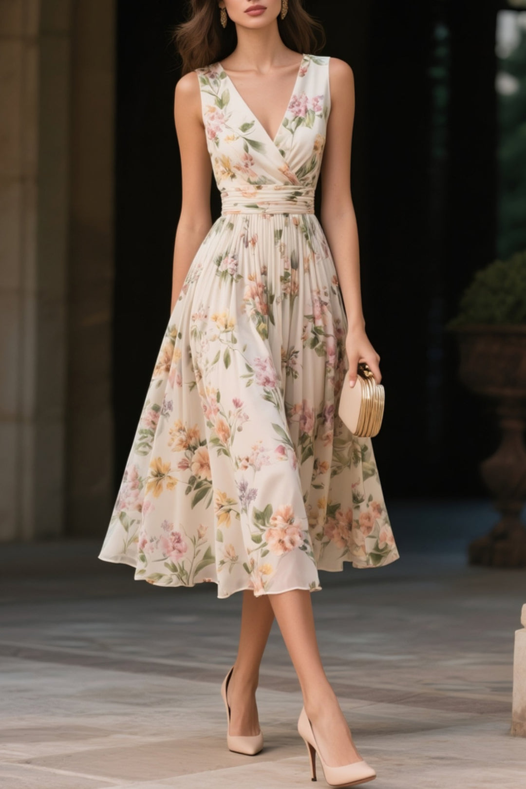 Zaraynn | Women's Elegant Beige Floral Chiffon Midi Dress with Ruched V Neck — 1
