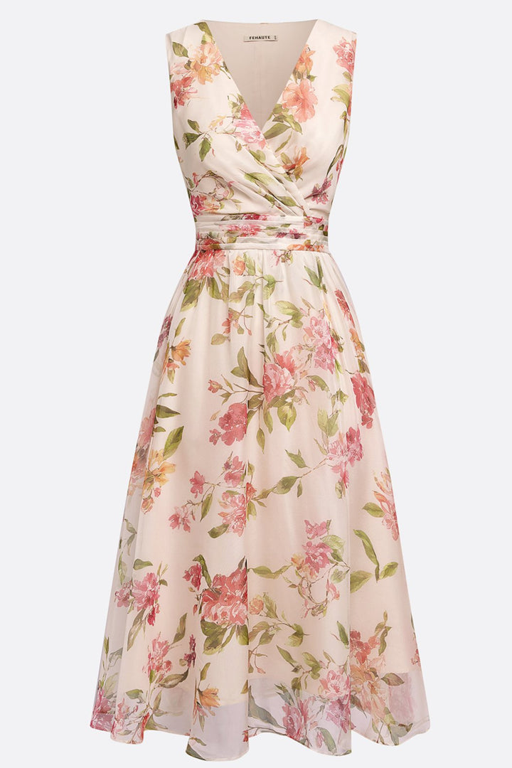 Zaraynn | Women's Elegant Beige Floral Chiffon Midi Dress with Ruched V Neck — 2