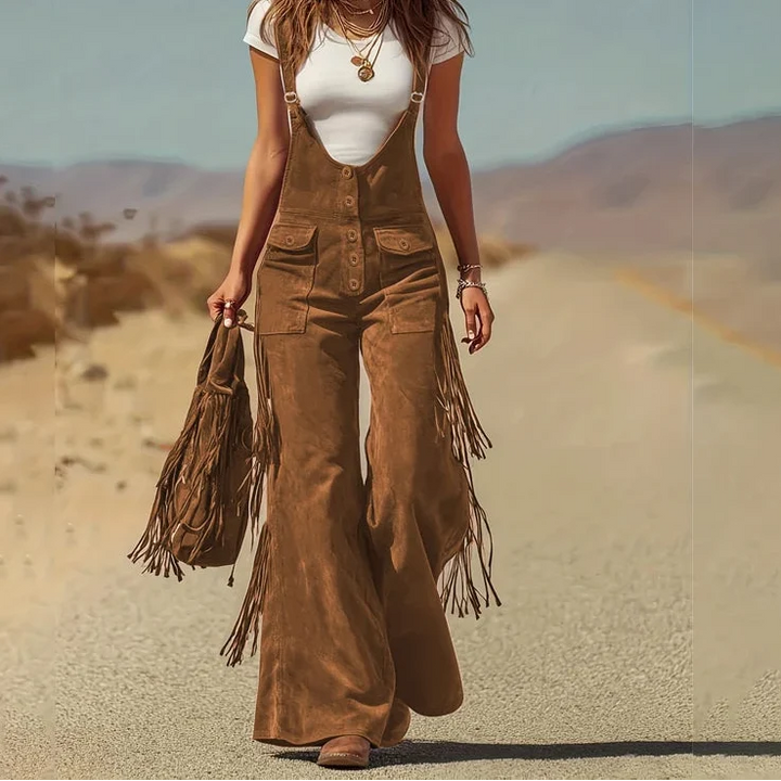 Zephisse | Fringe Trim Suede-Feel Wide Leg Jumpsuit