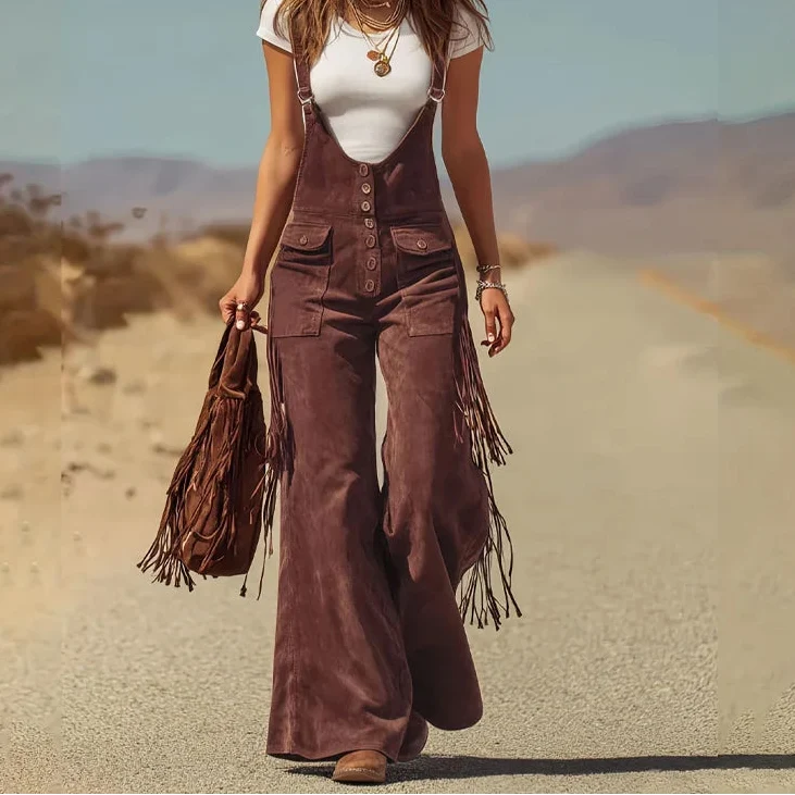 Zephisse | Fringe Trim Suede-Feel Wide Leg Jumpsuit