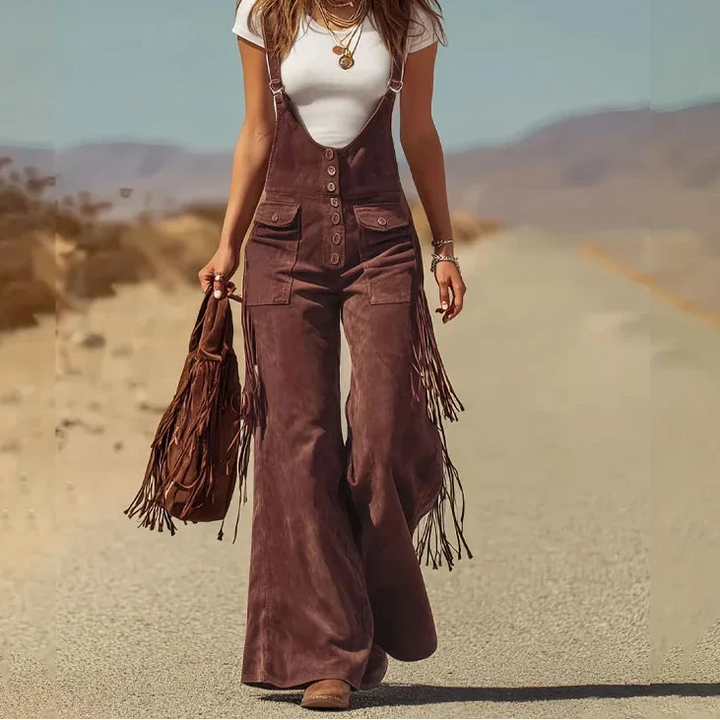 Zephisse | Fringe Trim Suede-Feel Wide Leg Jumpsuit