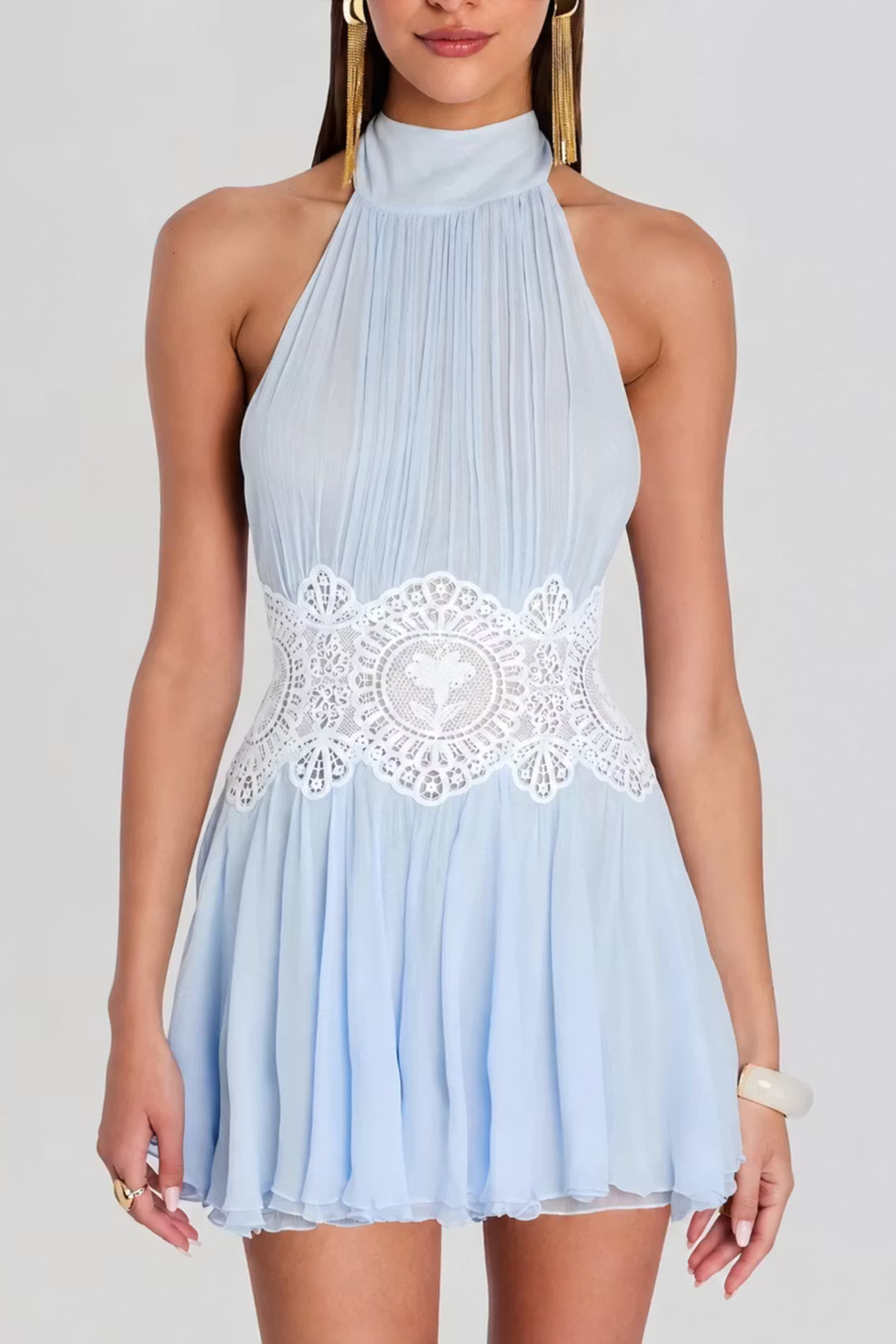 Zepholde | Women's Elegant Chiffon Lace Mini Dress — Sky Blue