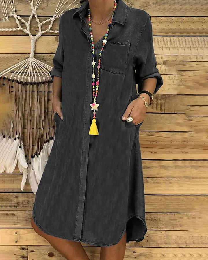 Zephora | Women's Midi Casual Denim Shirt Dress with Comfortable Fit — Black