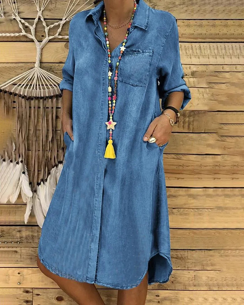 Zephora | Women's Midi Casual Denim Shirt Dress with Comfortable Fit — 1