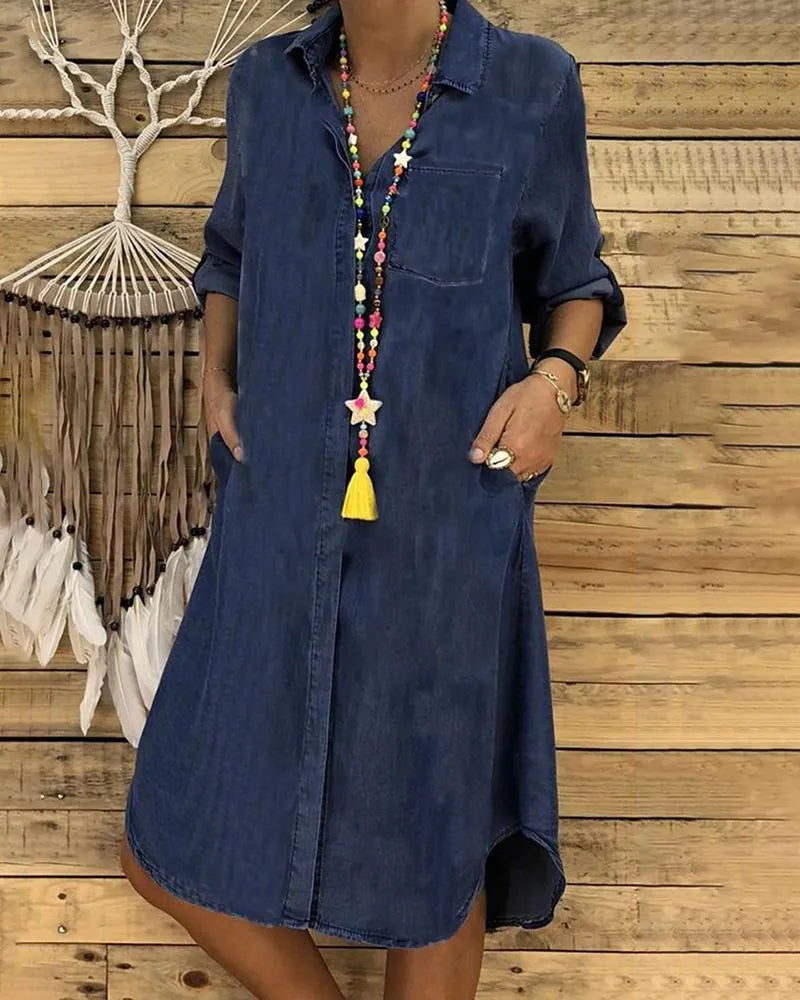 Zephora | Women's Midi Casual Denim Shirt Dress with Comfortable Fit — 2