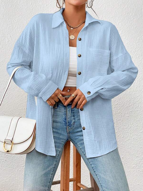 Zephsia | Women's Casual Cotton Gauze Button-Up Shirt — Blue