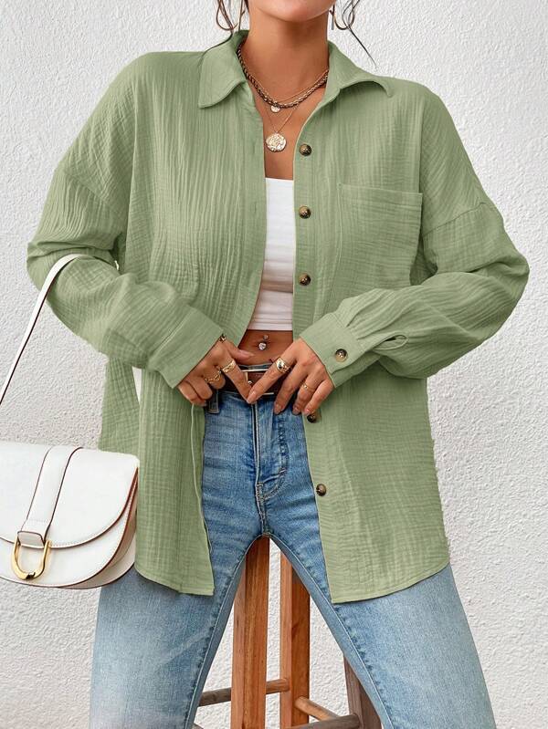 Zephsia | Women's Casual Cotton Gauze Button-Up Shirt — Green