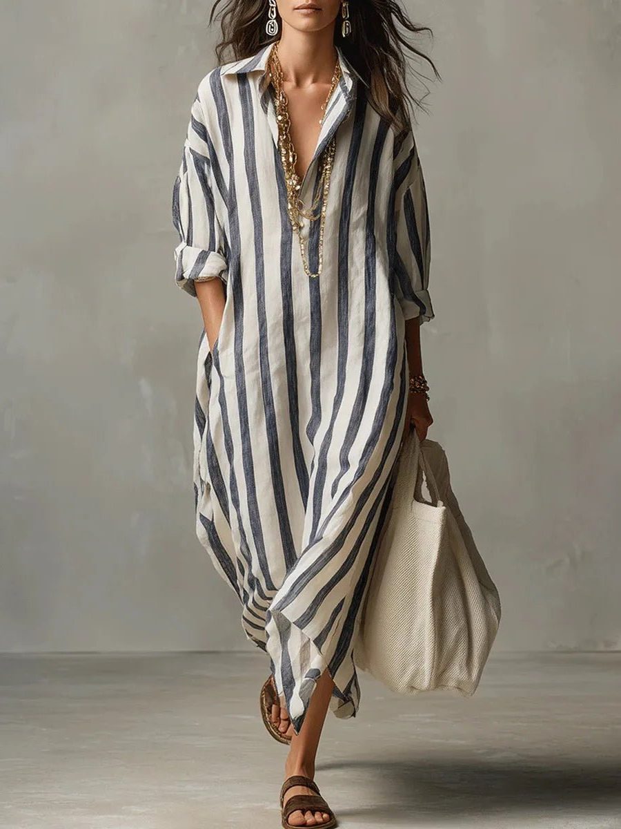 Zillaanthe | Women's Elegant Linen Maxi Shirt Dress with V-Neck for — Blue