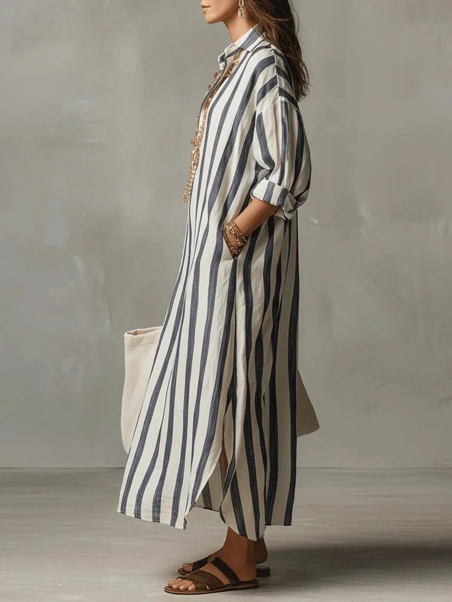 Zillaanthe | Women's Elegant Linen Maxi Shirt Dress with V-Neck for — 2