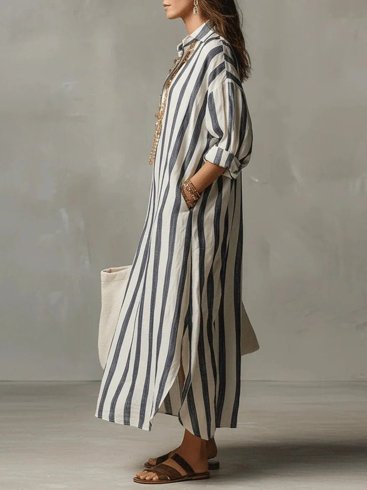 Zillaanthe | Women's Elegant Linen Maxi Shirt Dress with V-Neck for — 2