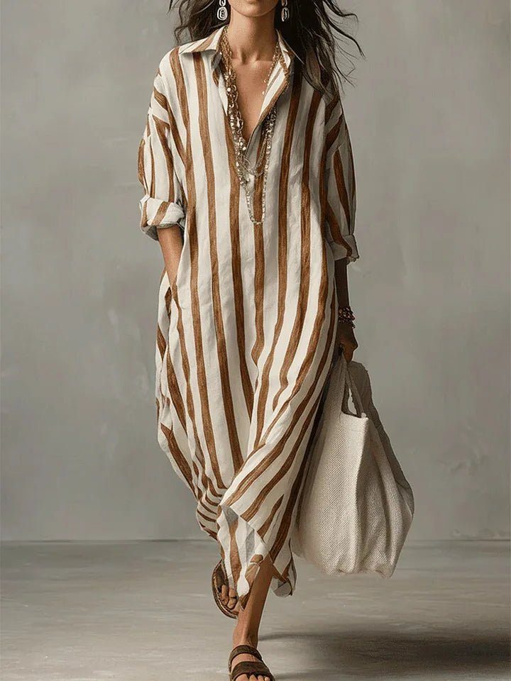 Zillaanthe | Women's Elegant Linen Maxi Shirt Dress with V-Neck for — Earthy Yellow