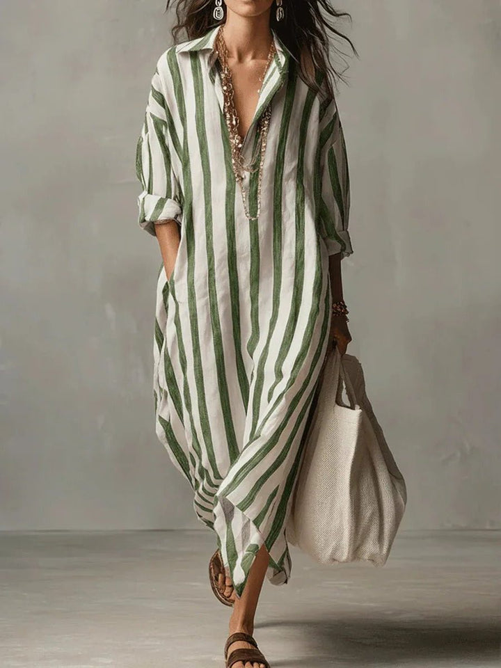 Zillaanthe | Women's Elegant Linen Maxi Shirt Dress with V-Neck for — Green