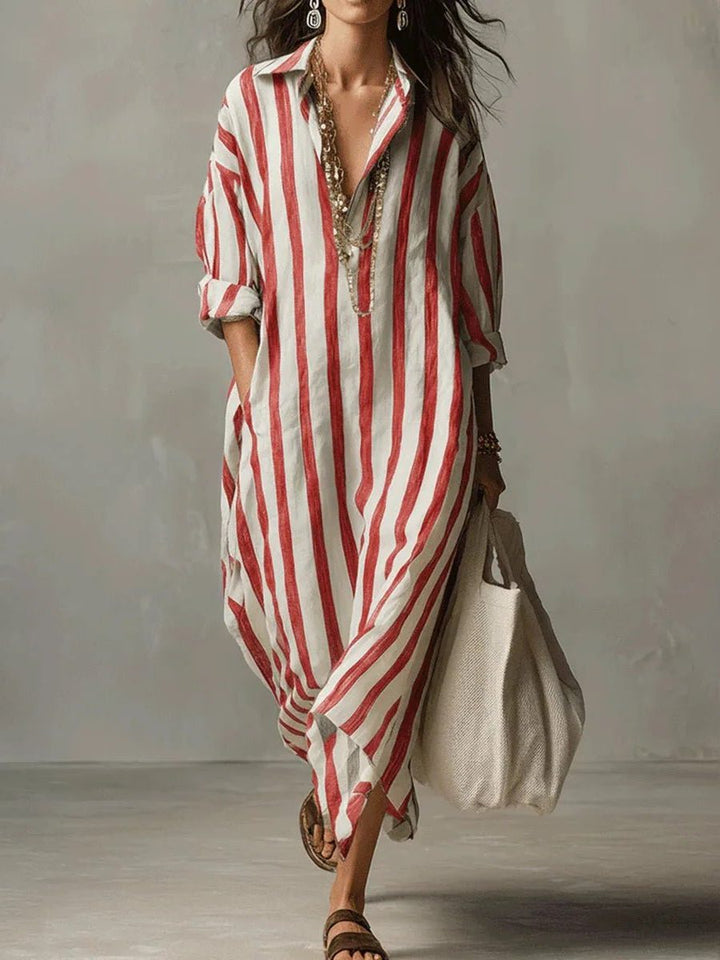 Zillaanthe | Women's Elegant Linen Maxi Shirt Dress with V-Neck for — Red