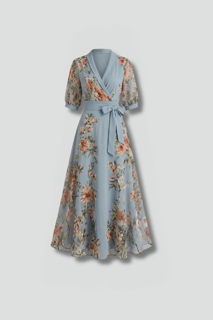 Zilladessa | Women's Elegant Wrap Midi Dress Blue Floral V-Neck for — 1