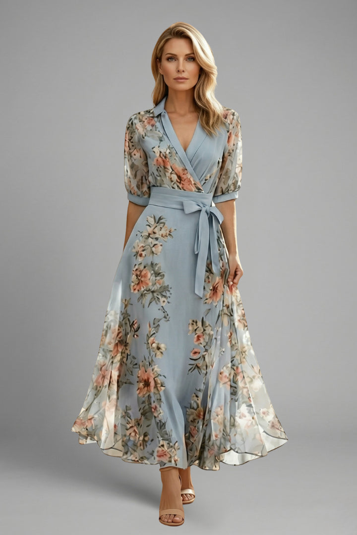 Zilladessa | Women's Elegant Wrap Midi Dress Blue Floral V-Neck for — 2