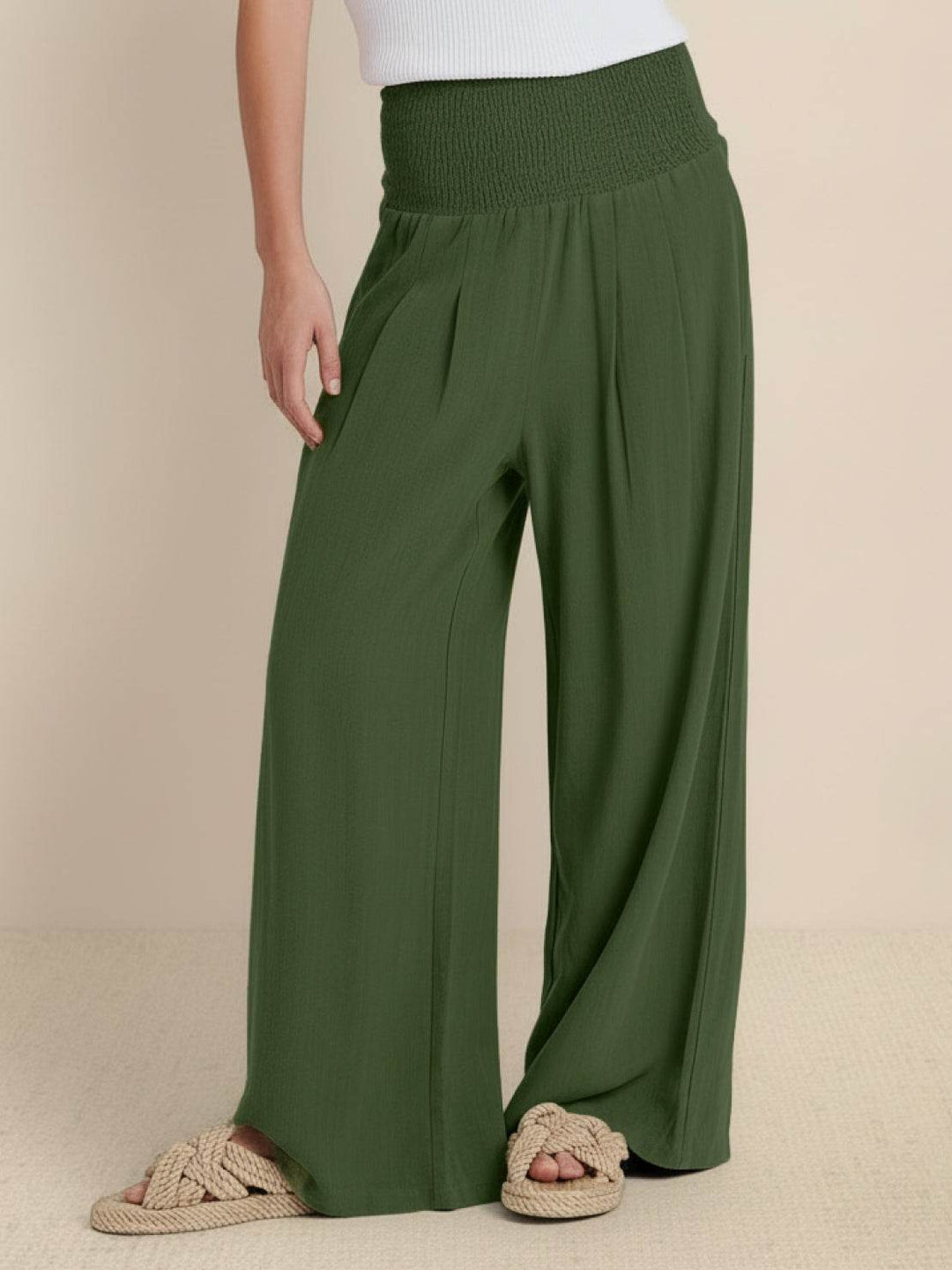 Zillalyn | Women's Wide Leg Pants High Waist Smocked Palazzo Trousers Women — Army Green