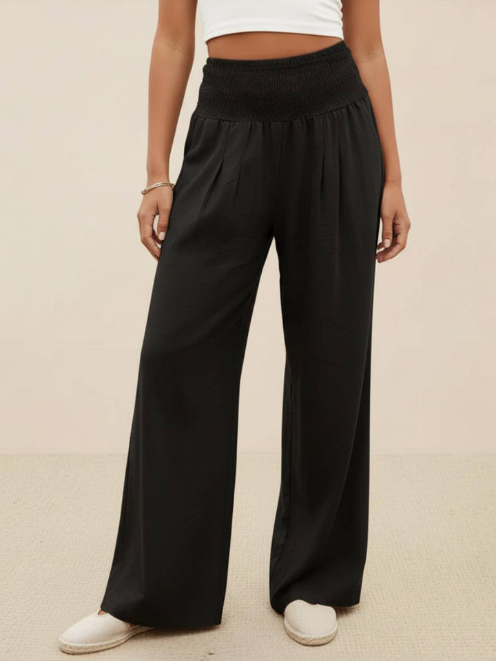 Zillalyn | Women's Wide Leg Pants High Waist Smocked Palazzo Trousers Women — Black